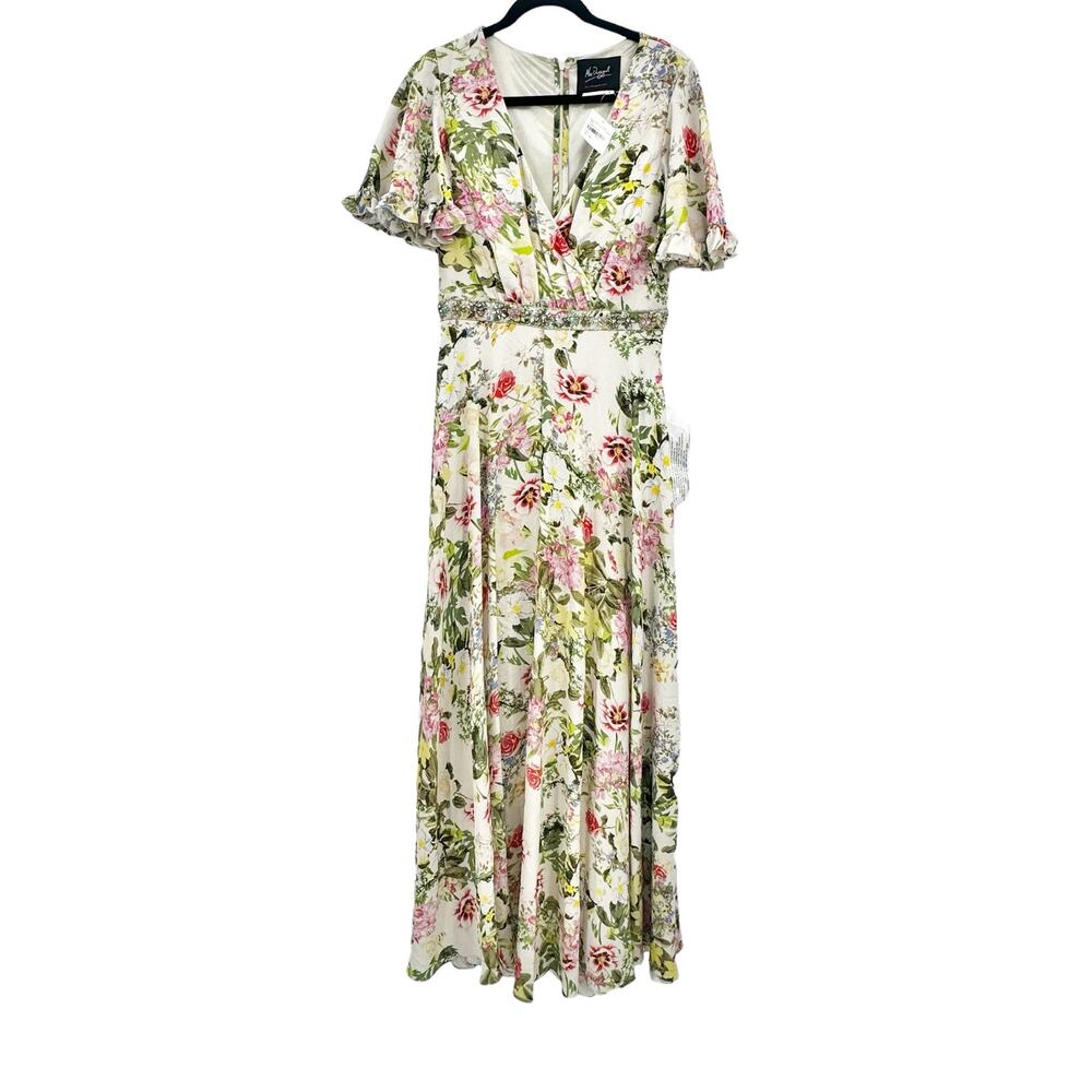 Mac Duggal Floral Print Faux Wrap Flutter Sleeve A-Line Gown Multicolor 12 NWT - Picture 9 of 11